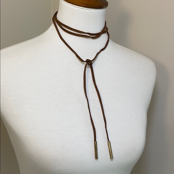Long boho leather wrap layer necklace gold ends - Picture 3 of 6